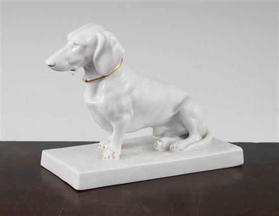 A Fraureuth porcelain figure of a Dachshund, modelled by Oskar Pflug, c.1919-26, 18cm